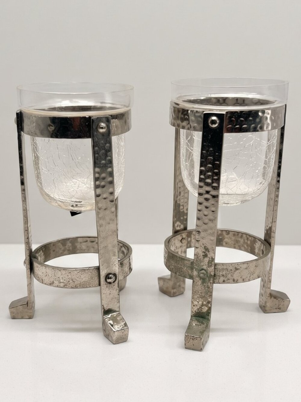 Vintage Pair Crackle Glass Votive Candle Holders Silver Metal Tripods India 6 In